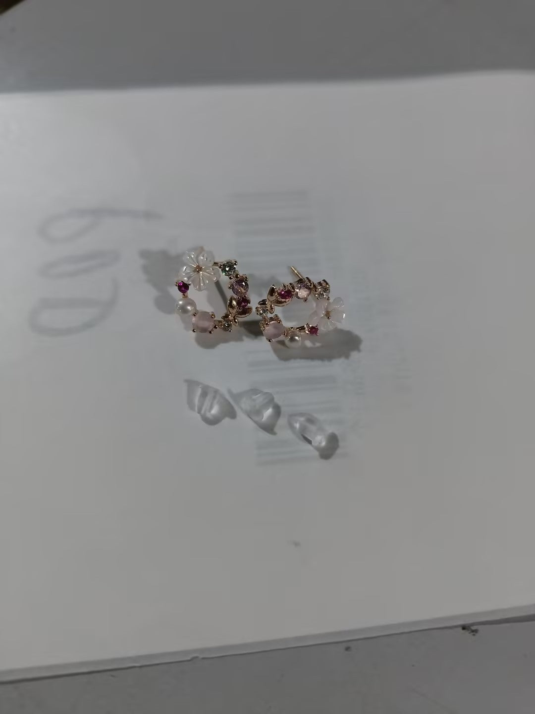 Diamond flower pearl earrings