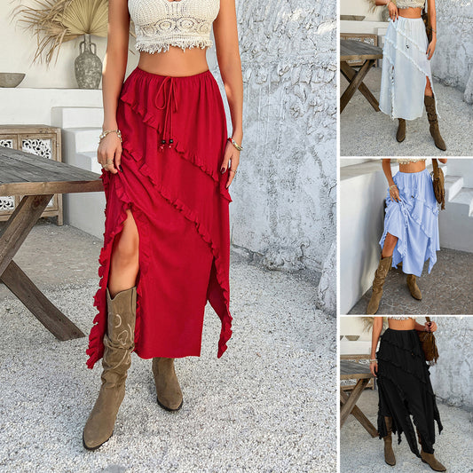 Women's Solid-Color Lace-Up Skirt In Casual Resort Style From Europe And America