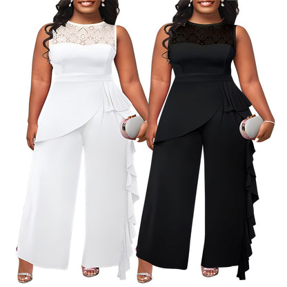 Solid-color Elegant Patchwork Loose-fitting Straight-leg Jumpsuit