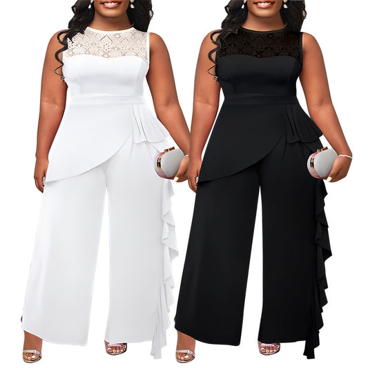 Solid-color Elegant Patchwork Loose-fitting Straight-leg Jumpsuit