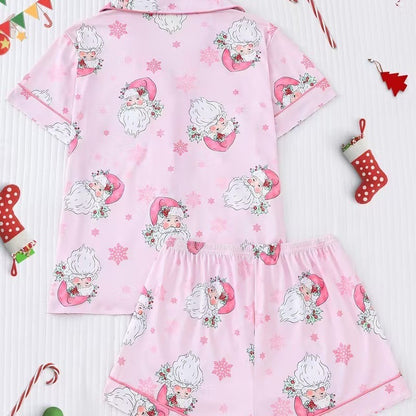 Cute Cartoon Pajama Set With A Turn-down Collar Short Sleeves