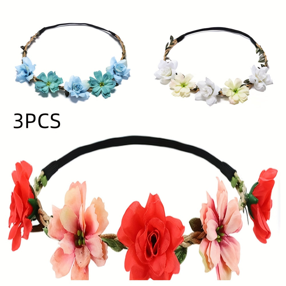Adjustable Floral Garland Headband for Women & Girls - Multicolor Artificial Flower Crown with Soft Pastel Shades, Black Elastic Band & Golden Accents for Weddings, Festivals, Parties, Special Occasion Wear, Elegant Headpiece