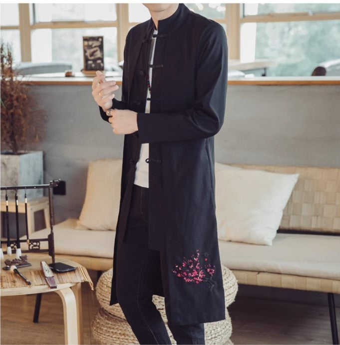 Chinese Style Men's Mid-length Cotton Linen Trench Coat Jacket Embroidered Coat