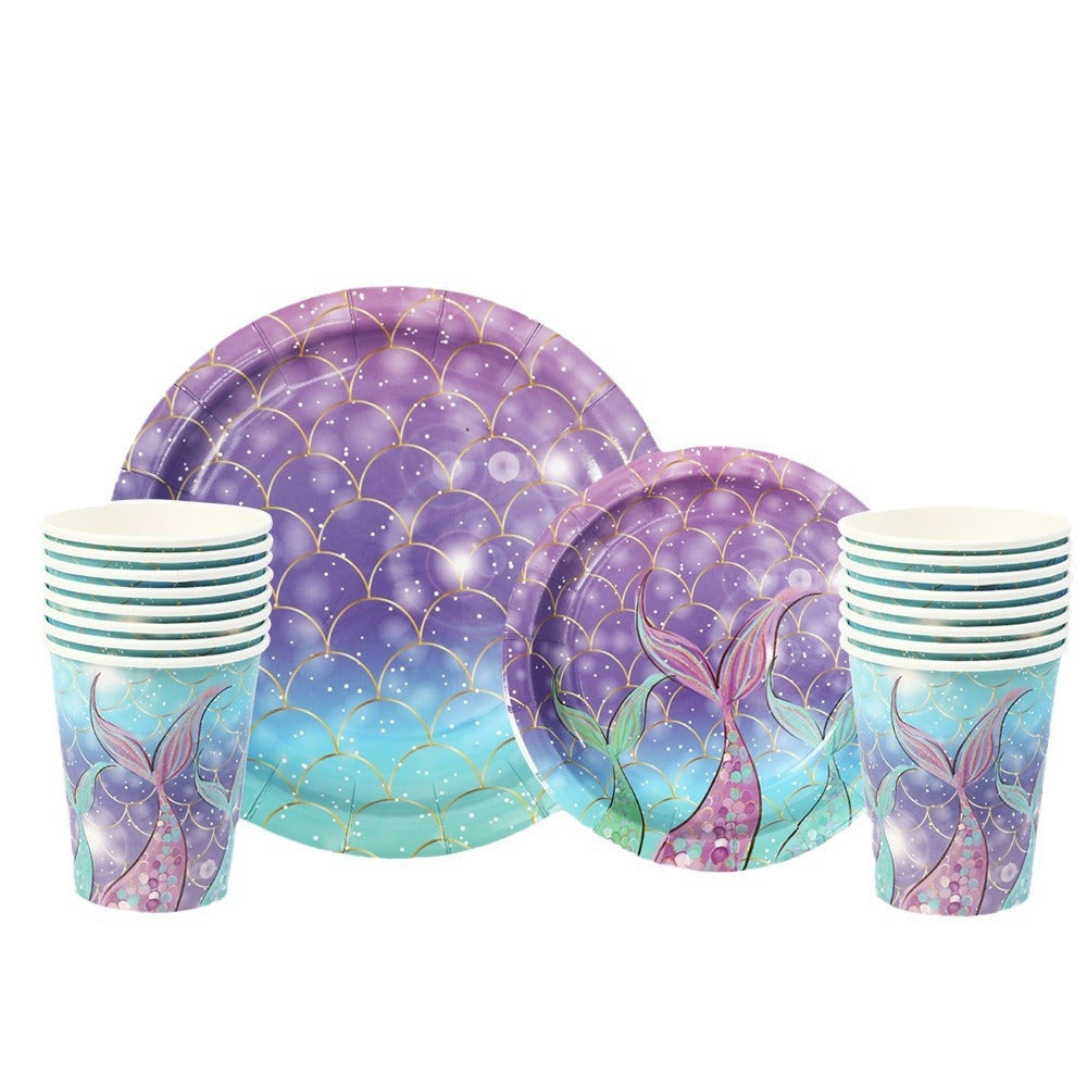 Mermaid Tail Theme Happy Birthday Paper Pallet Disposable Party Round Paper Pallet Suit Disposable Paper Cup