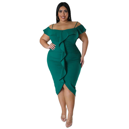 Solid-color Dress Halter-neck Midi Skirt