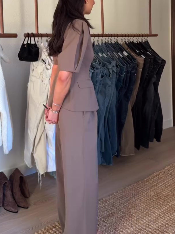 Brown Short-sleeved Blazer & High-waisted Pants Suit