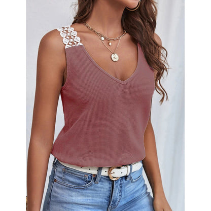 Women's Waffle Knit V-Neck Tank Top - Sleeveless Lace Trim Vest for Summer | Premium Casual Wear