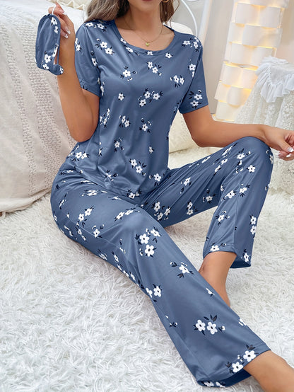 Women's Floral Print Pajama Set - Comfortable Short Sleeve Tee Top and Pants for Sleep and Lounging