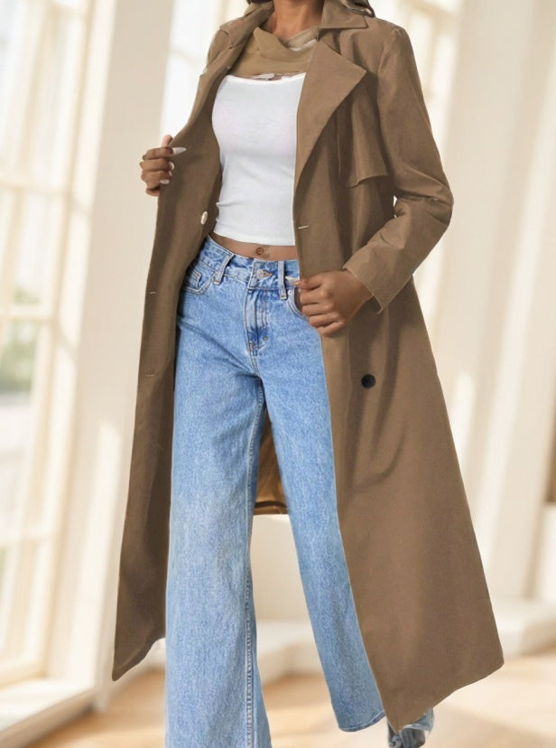 Women's Casual Double-Breasted Mid-Length Trench Coat