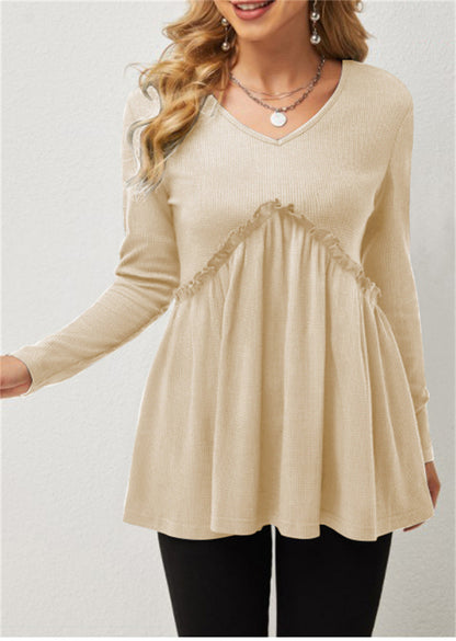 Loose-fit Ruffled Pleated V-neck T-shirt For Women
