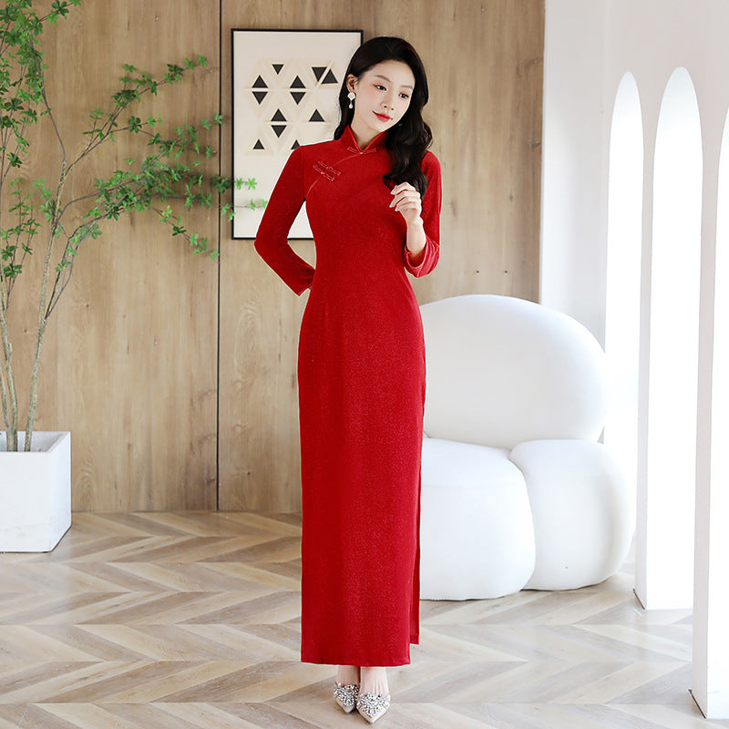 Long-sleeved Red Outfit For Annual Company Parties Show Cheongsam