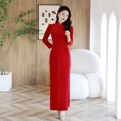 Long-sleeved Red Outfit For Annual Company Parties Show Cheongsam
