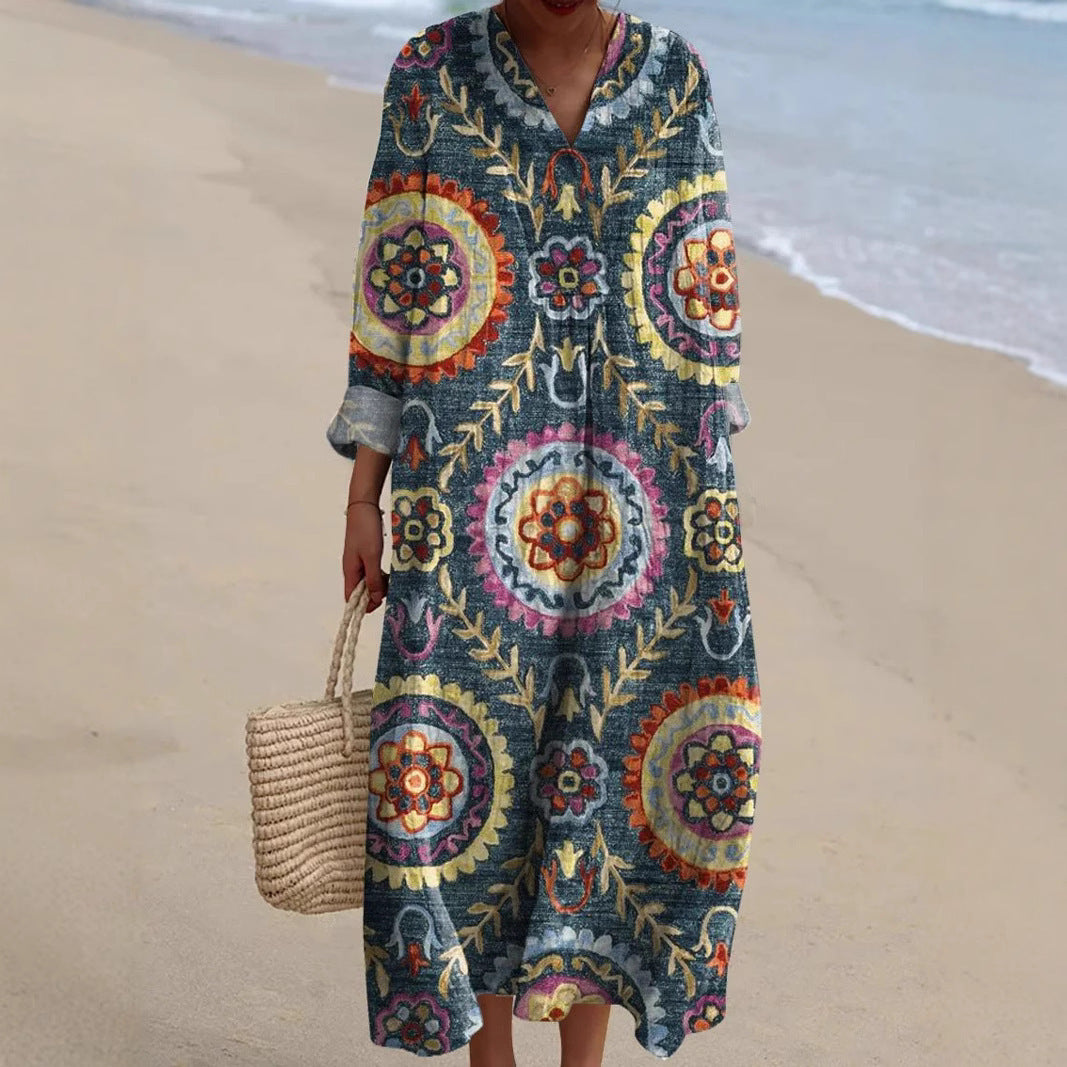 Women's Casual Floral Print Long-Sleeve Shirt Dress