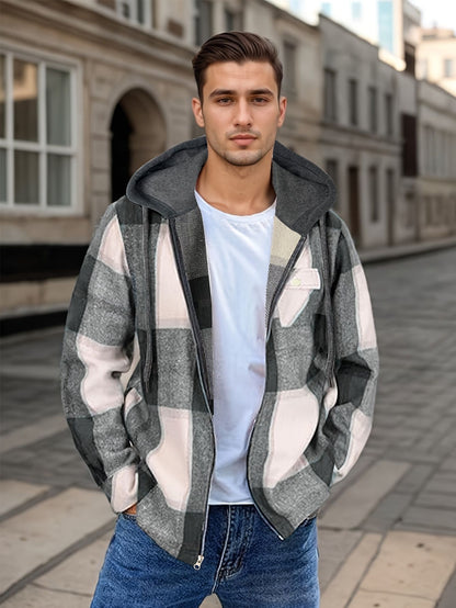 Men's Flannel Jacket Zipper Hooded Jacket
