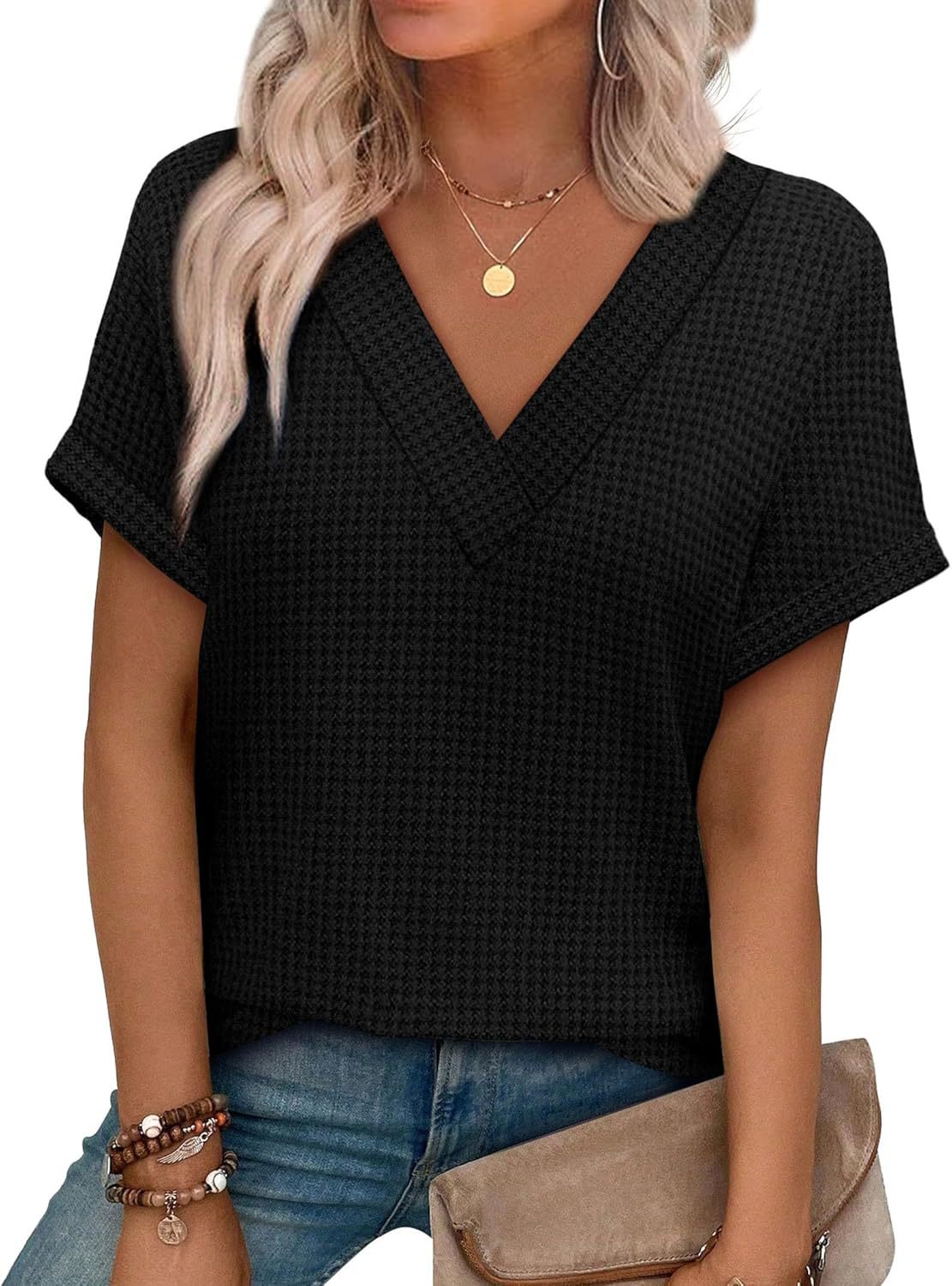 Casual Striped Textured Short-Sleeve Arrival V-Neck Knitted T-Shirt