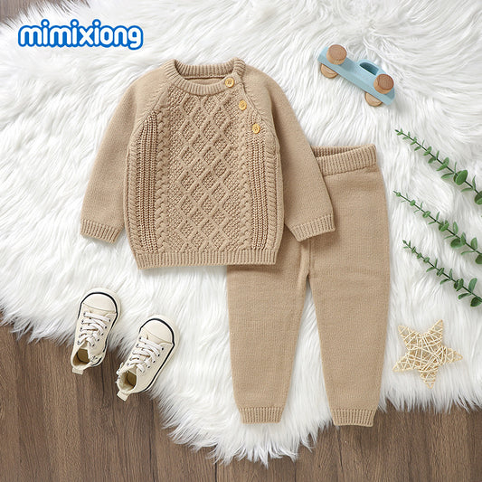 Baby Knitted Solid-Color Diamond-Shape Top Pants Set