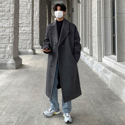 Winter Woolen Men's Mid-length Over-the-knee Suit Collar Double Breasted Woolen Trench Coat Thickened