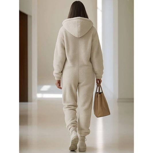 Hooded Pocket Trim Loose Straight Plush Jumpsuit