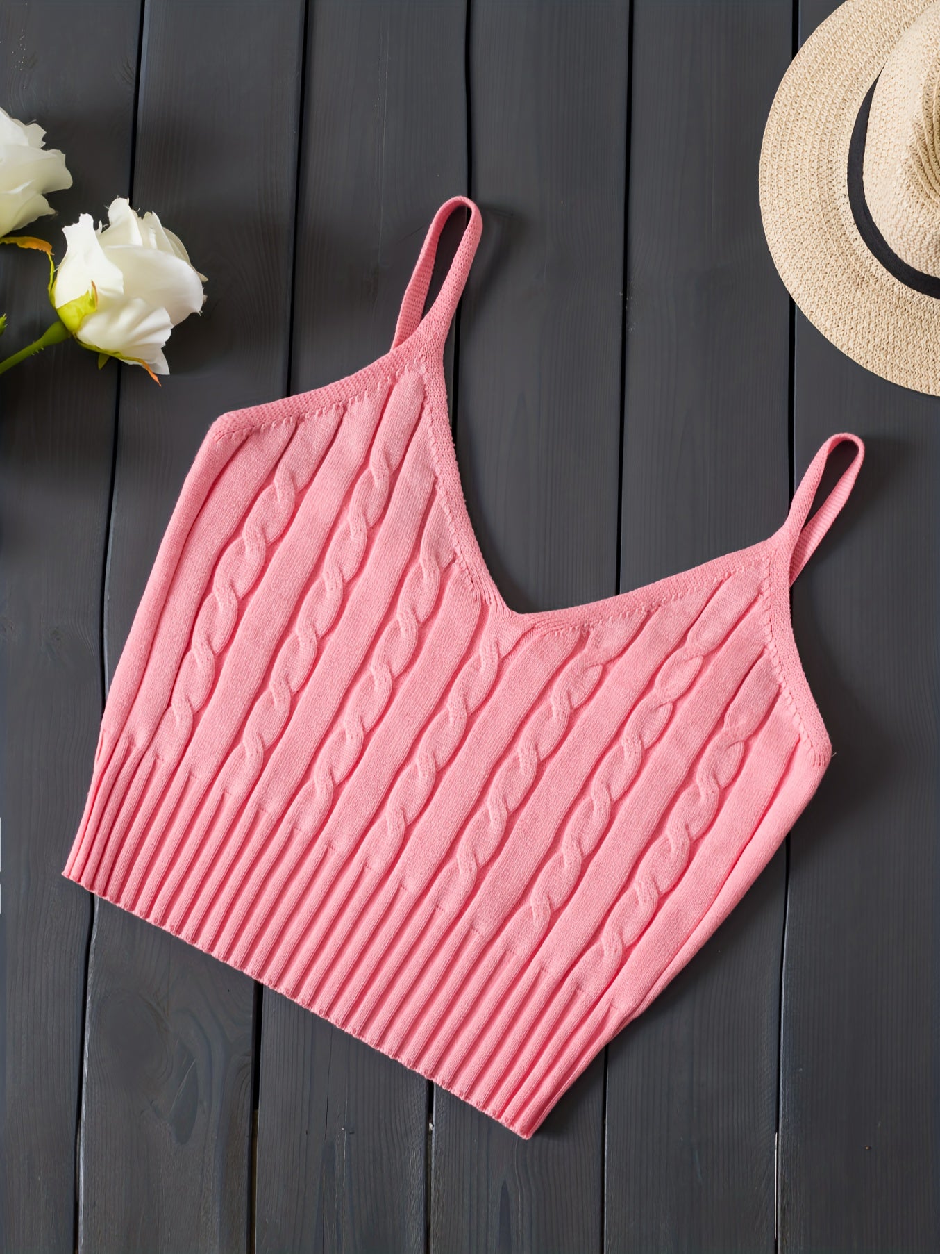 Valentine's Day Knitted Cami Crop Top, Versatile Sleeveless Casual Top For Spring & Summer, Women's Clothing