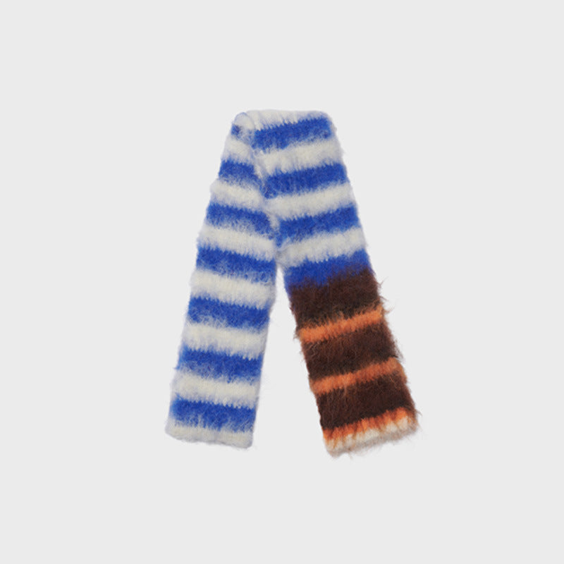Contrast-color Striped Knit Women's Narrow Soft And Fluffy Wool Scarf