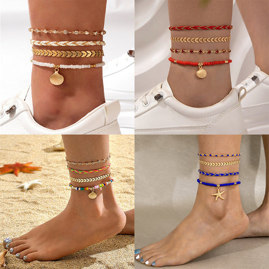 4pcs Set Bohemian Woven Rope Foot Chain For Men And Women Geometric Alloy Black Beads Dropping Oil Anklet Set Summer Fashion Jewelry