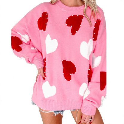 Women's Fashionable And Versatile Heart-Print Crew-Neck Knitted Top