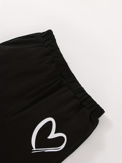 Girls' Fashion Set: Heart Print Round Neck Short Sleeve T-Shirt & Sweatpants 2pcs Casual Cotton Outfit, Perfect for Outdoor