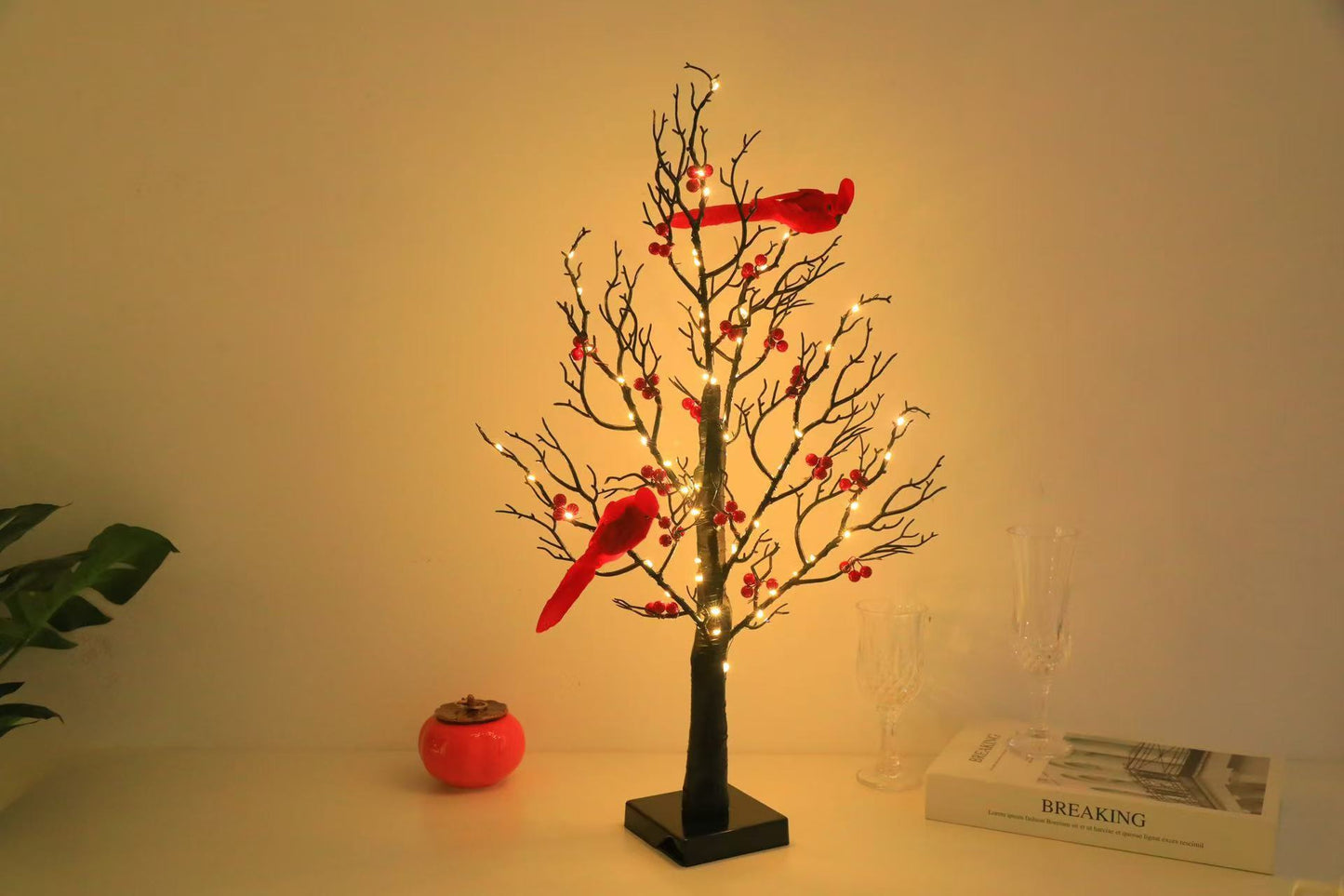 Red Cardinal Bird LED Tree Lamp - Decorative Holiday Night Light with Warm Glow