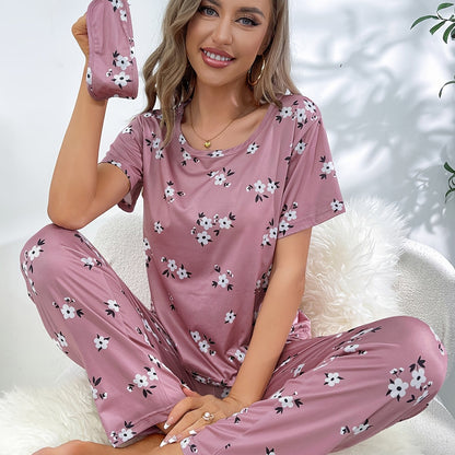 Women's Floral Print Pajama Set - Comfortable Short Sleeve Tee Top and Pants for Sleep and Lounging