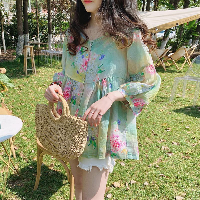 Doll-collar Top Summer New Arrival Loose-fit Vintage Puff-sleeve Blouse