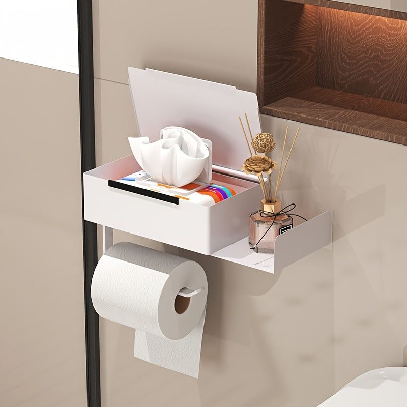 1pc Wrought Iron Bathroom Tissue Holder with Shelf - Self-Adhesive Wall Mounted Toilet Paper Roll Dispenser, Non-Drilling Installation, Multi-Functional Storage for Wet Wipes and Phone, Home Decor