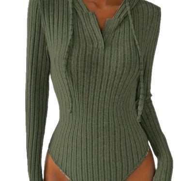 Autumn New Knitted And Emerized Sunken Stripe Hooded Solid Color Jumpsuit