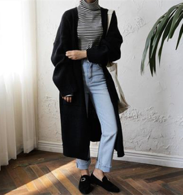 Women's Mid-length Crimped Solid Color Lazy Loose Knit Long-sleeved Sweater Coat