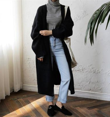 Women's Mid-length Crimped Solid Color Lazy Loose Knit Long-sleeved Sweater Coat