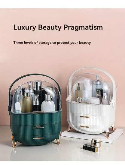 1pc Plastic Cosmetic Storage Box, Lightweight, Tension Mount, Multi-functional with Cover & Drawer, Waterproof & Dust-proof, for Bathroom & Desktop Makeup Organizer