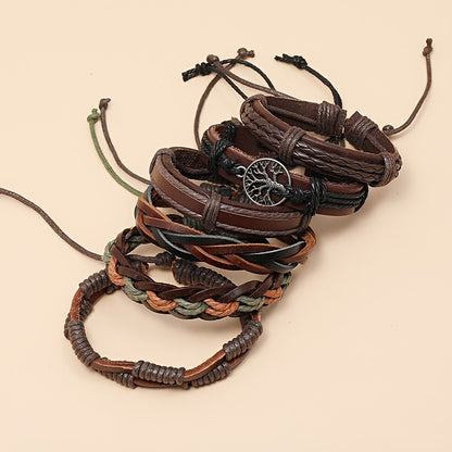 Men's Leather Bracelet Set - 6 Piece Tree of Life Braided Bracelets for Men | Retro Boho Style