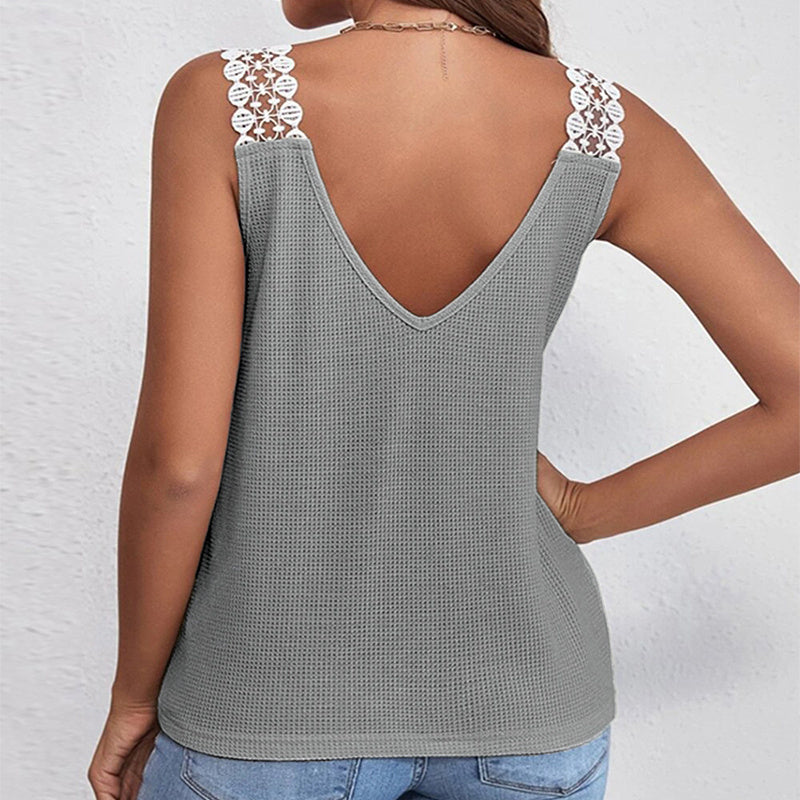 Women's Waffle Knit V-Neck Tank Top - Sleeveless Lace Trim Vest for Summer | Premium Casual Wear
