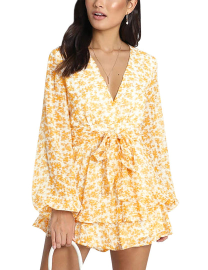 Ladies Polka-dot V-neck Jumpsuits, Long Sleeve Ruffle Hem Romper Playsuit, Casual Every Day Romper, Women's Clothing