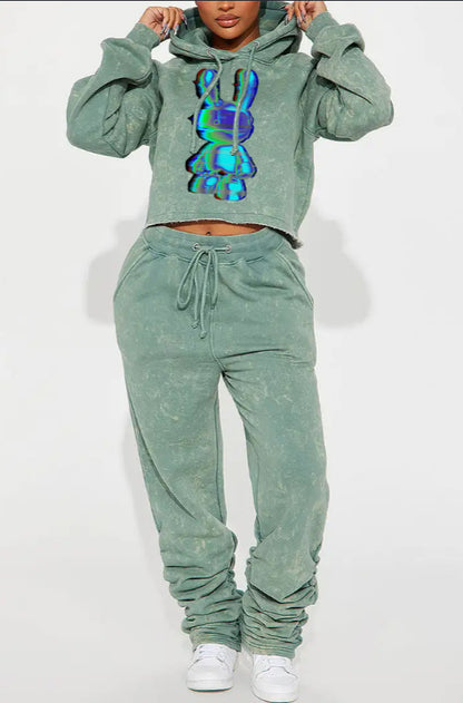 Casual Printed Hooded Short Sweatshirt Set