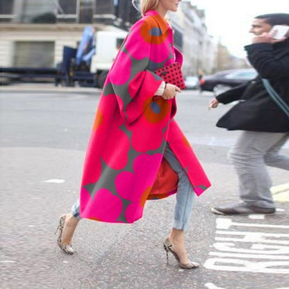 Women's Long Flared Sleeve Printed Loose Trench Coat