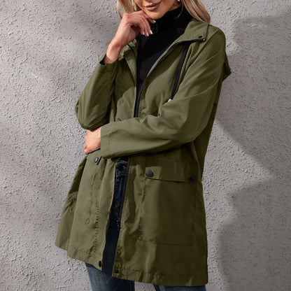 Casual Mid-length Zipper Waterproof Hooded Trench Coat