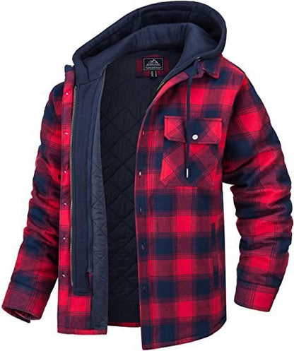 Men's Plaid Hooded Coat Winter Warm Button Zip-up Jacket Fashion Casual Thick Padded Long Sleeves Outerwear Clothing