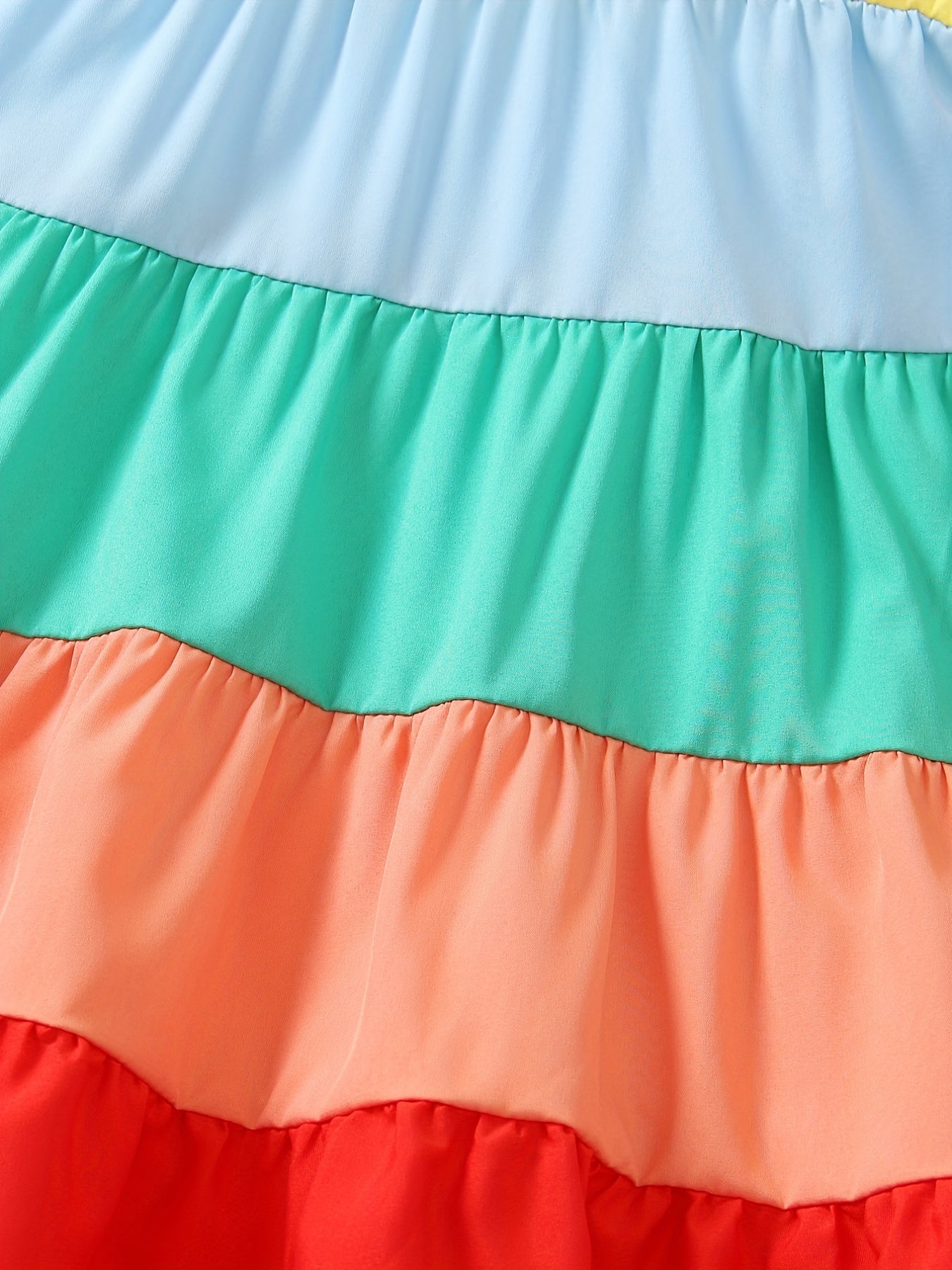 Girls' Spaghetti Strap Color-Blocked Rainbow Cake Dress - Perfect for Outdoor Occasions.