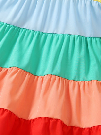 Girls' Spaghetti Strap Color-Blocked Rainbow Cake Dress - Perfect for Outdoor Occasions.