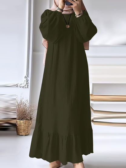 Fashion Solid Color Round Neck Ruffled Long Sleeve Dress