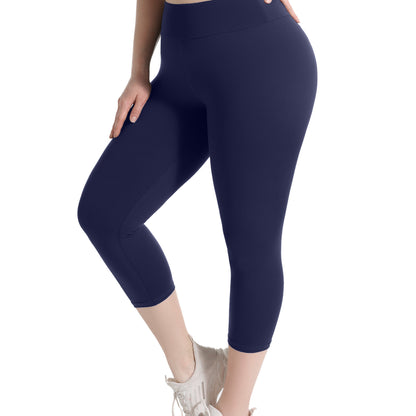 Women'S Plus Size Capri Leggings, High Waist Tummy Control, 4X Stretch, Pocket Detail, Solid Black, Knit Fabric, Polyester 92%, Spandex 8%, 210g/m², All Season Skinny Yoga Pants