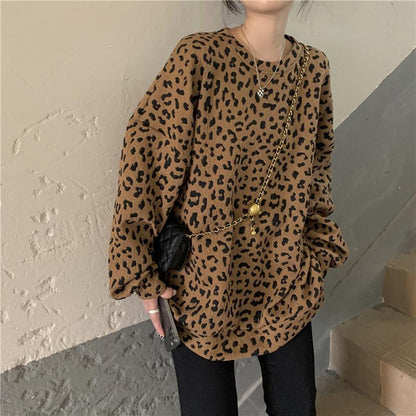 Women's Leopard-print Crewneck Fleece-lined Hoodie