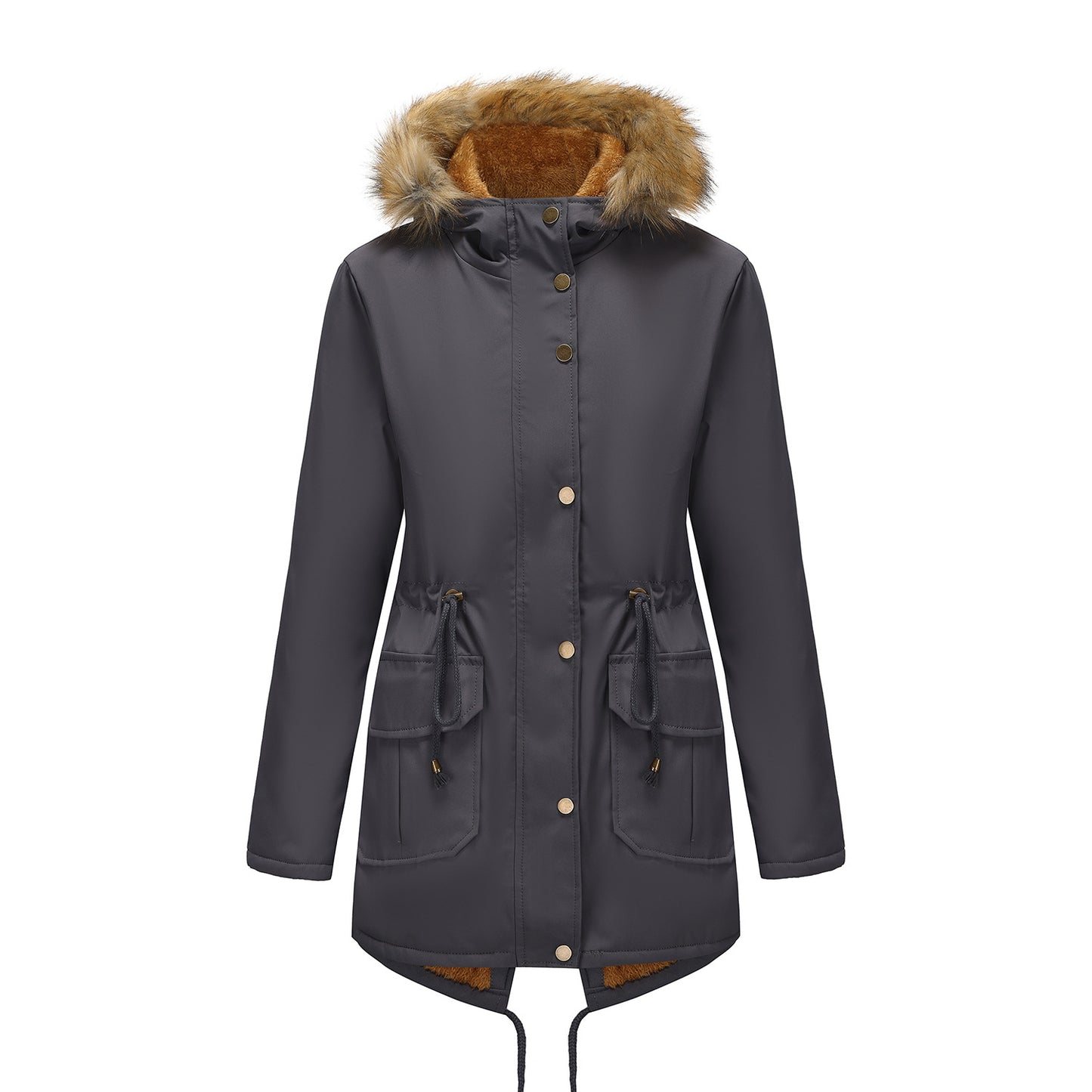 Hooded Women's Mid-length Padded Coat With Fur Collar And Defined Waist