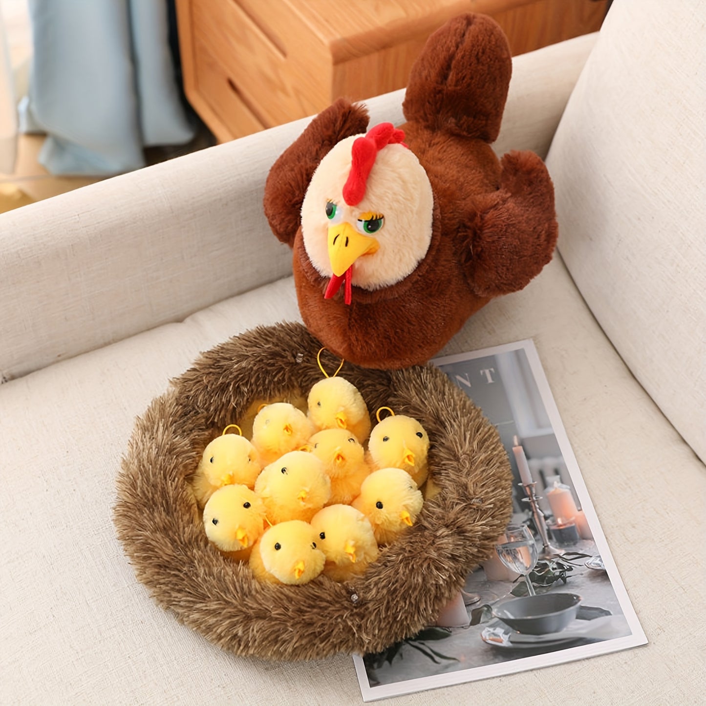 28.98cm Swan Chick Family Plush Toy, Chicken Mother Swan Plush Dolls Lifelike Animals Stuffed Doll With Nest, Kids Christmas Gift