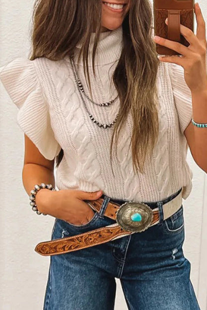 Womens Knitted Turtleneck Ruffle-Trimmed Short-Sleeve Sweater